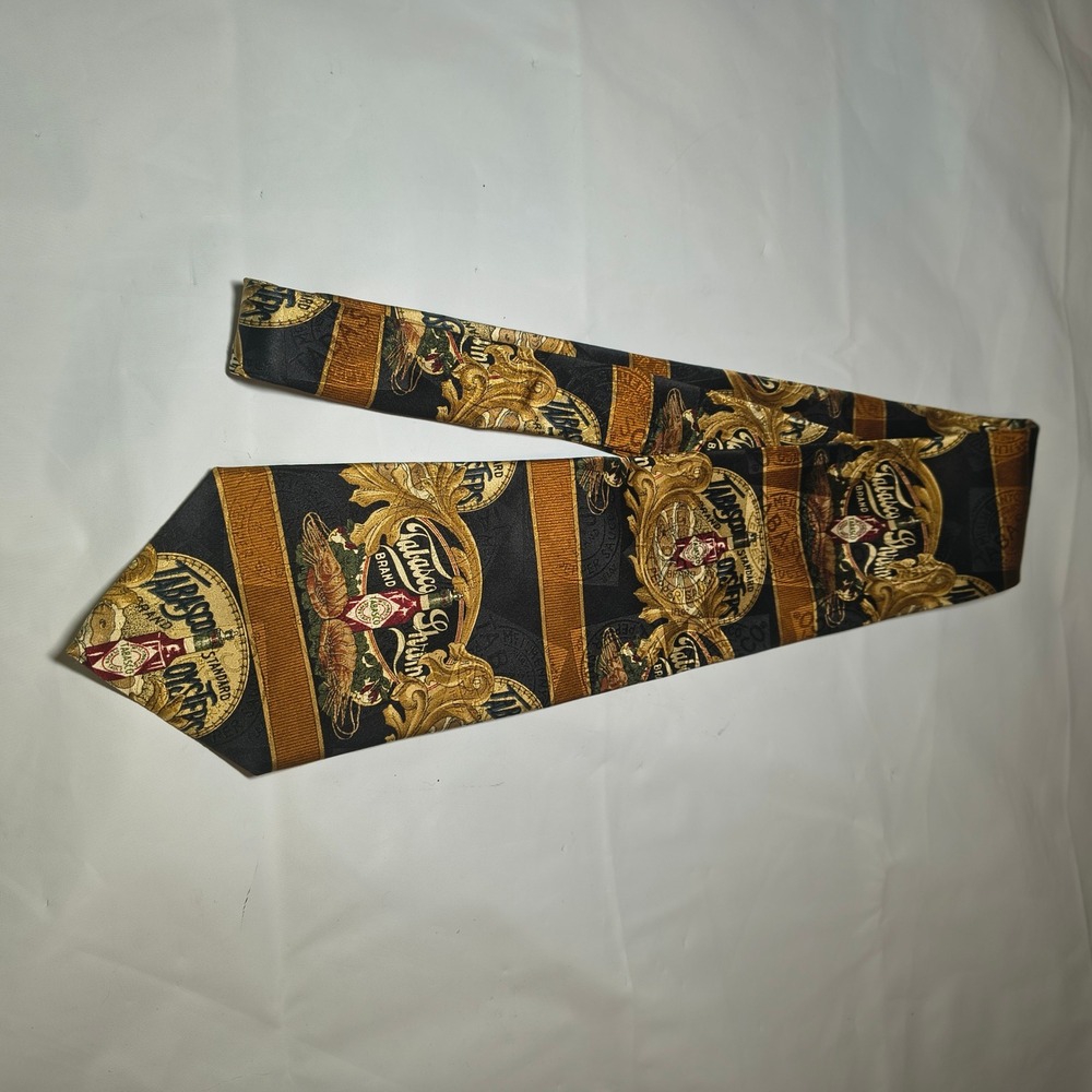 Vintage Tabasco Brand Mens Silk Tie Black Gold Shrimp Oysters Novelty Food Print